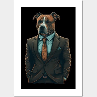 Suave and Successful: The Brown and White Pitbull in a Tailored Dark Suit - A Unique Marketing Design for the Modern Business Dog Posters and Art